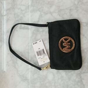 MK Black Leather Wristlet Bag